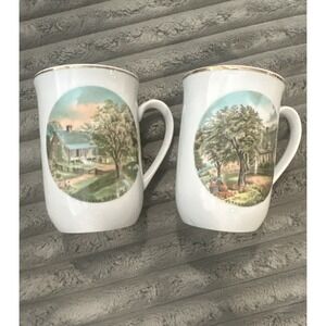 Vintage Currier & Ives Autumn And Spring Set Of 2 Cups Coffee Teacups Tea Gold
